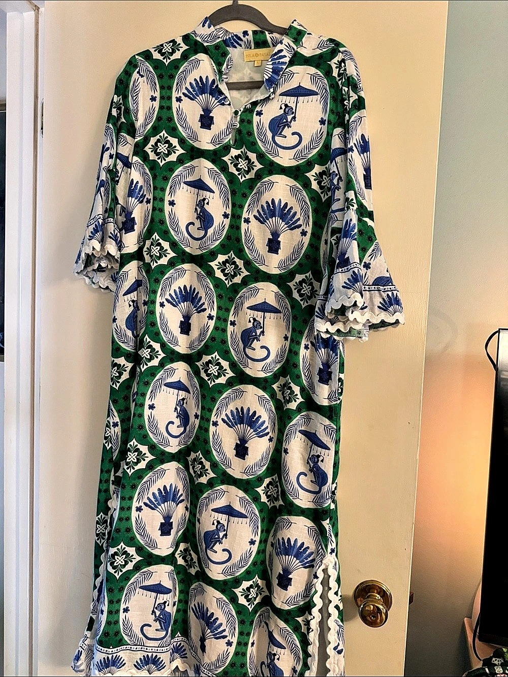 Isla Payal Como Midi Monkey Chinoiserie Dress Green & Blue Large Like New